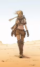 a woman walking across a sandy field near sand dunes