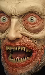 an evil looking person with big teeth and blood