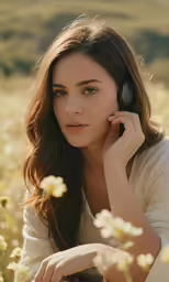 a beautiful woman with long hair sitting in a field