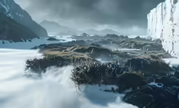 an ice covered landscape that looks like they could be floating in the ocean