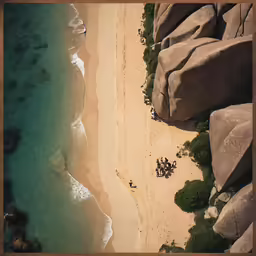 aerial shot of the sandy beach and turquoise water with some rocks