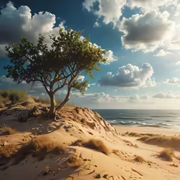 a lone tree sits on top of a hill near the ocean