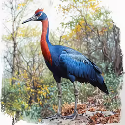 a bird with red, blue and white colors sitting in the dirt