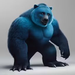 a large blue bear stands with its front paws out