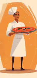 a lady holding a pizza and posing for a photo