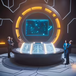 the starship display features a television and three figures