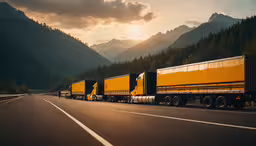 three semi trucks are lined up on the side of the road,large commercial trucks traveling along the highway with mountains in the distance