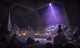 a woman standing on a rock covered platform in a darkened room