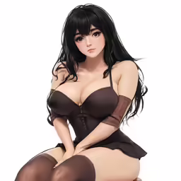 a woman sitting on top of a wooden chair wearing stockings and thigh high stockings