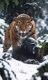 tiger walking with the back of a helmet on in a snowy forest