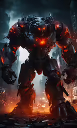 a giant robot stands in the middle of a dark city