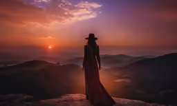 woman in long red dress looking off into distance at sunset