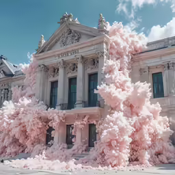 a building covered in pink and white stuff