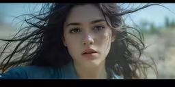 a beautiful young lady has her hair blown in the wind