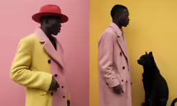 two images of a man in a pink coat and yellow jacket next to a black cat