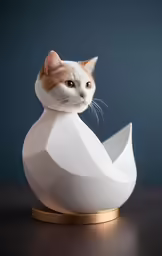 a small cat with a large collar sits in a small piece of furniture