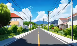 a drawing of a street with houses in the background