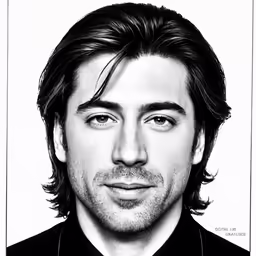 a black and white drawing of a man with long hair