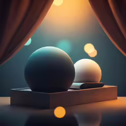 two large white balls on a brown stand