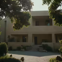 the front of a big brown house with stairs to the upper level