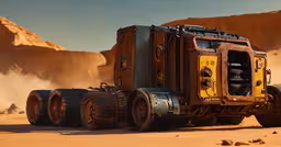 a truck with tires driving through the desert,the trailer truck is all ready to drive through the desert