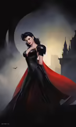 a woman with dark clothing and red cape standing by a castle