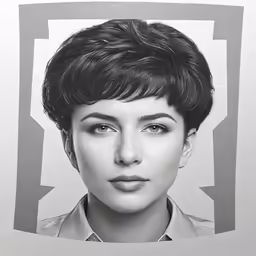 a person with very short hair standing next to a white paper