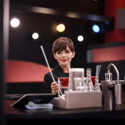 a woman is sitting at a table with a cup