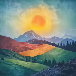 an artistic painting of mountains with a bright orange sun