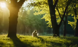 a cat is sitting in the grass under a tree