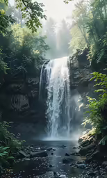 a beautiful waterfall cascading into the ocean with bright light on the water