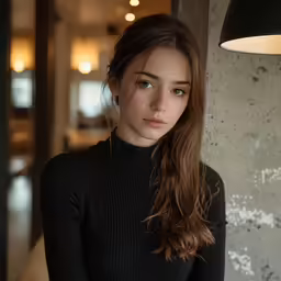 a beautiful woman sitting in front of a wall next to a black lamp