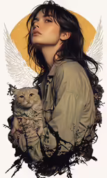 a woman holding a cat near a yellow background