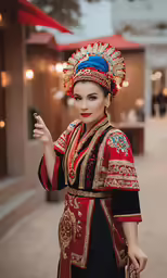 a woman wearing an oriental dress holding a cell phone