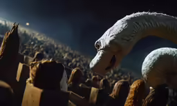 a large white dragon is facing out over a crowd
