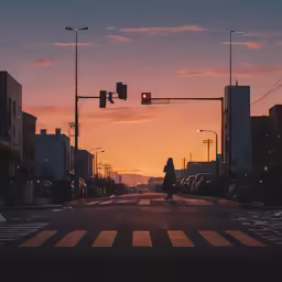 an intersection with traffic lights that is very dimly lit