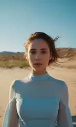 a woman in a white shirt standing near a field