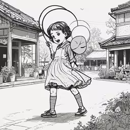 a girl with balloons is walking down the street,a cartoon girl carrying balloons in the street