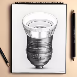 the top of the lens is shown as it sits next to a pen and paper
