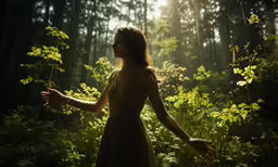 a girl in a dress holds on to a branch while walking through a forest