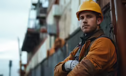 a man in safety clothing and helmet next to a building