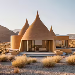 a desert style house with thatched roof and grass walls