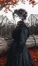 a lady in black dress and sunglasses walking in fall leaves
