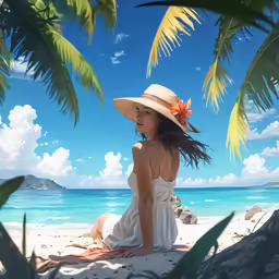 woman in white dress sitting on beach looking at the sea