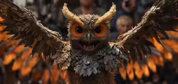 an owl with orange eyes and large feathers with other people behind it