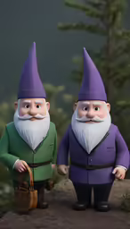a couple of figurines of gnomes stand together