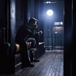 a man sits in front of a lamp in a dark room