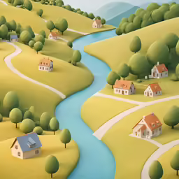 a painting with houses in a rural setting