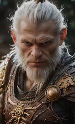 a close up of the character george whitlock as a young man with white hair and big, long white beard