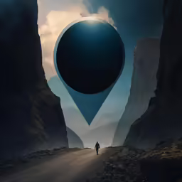 the man is walking away from the black giant